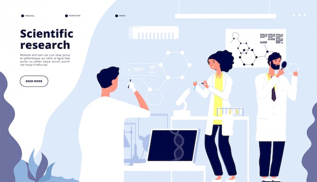 Aterrizaje de investigación científica. Científicos en laboratorio de drogas farmacéuticas, investigadores en laboratorio con nano elementos. Página de vector médico