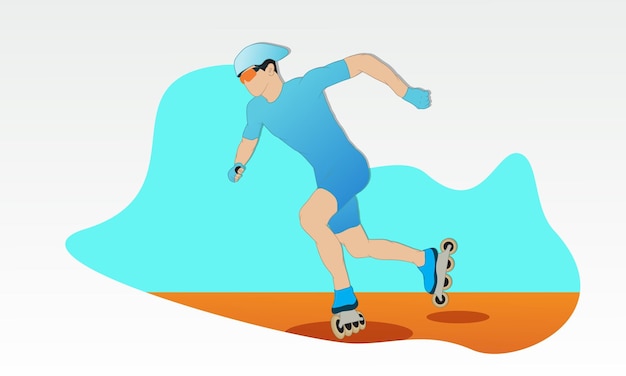 Un atleta corre a lo largo de la pista en patines de ruedas en un tracksuit azul y un casco protector
