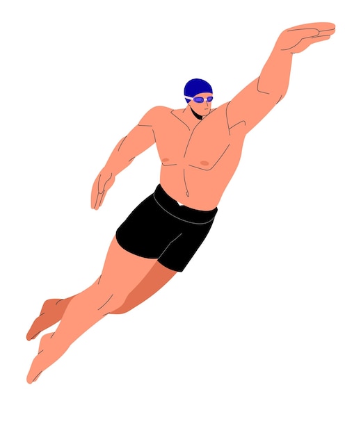 Atleta de deportes acuáticos Deportista profesional con gafas de gorra de natación entrenando estilo mariposa Nadador flotando en estilo libre Hombre joven con cuerpo atlético Ilustración vectorial aislada plana en blanco