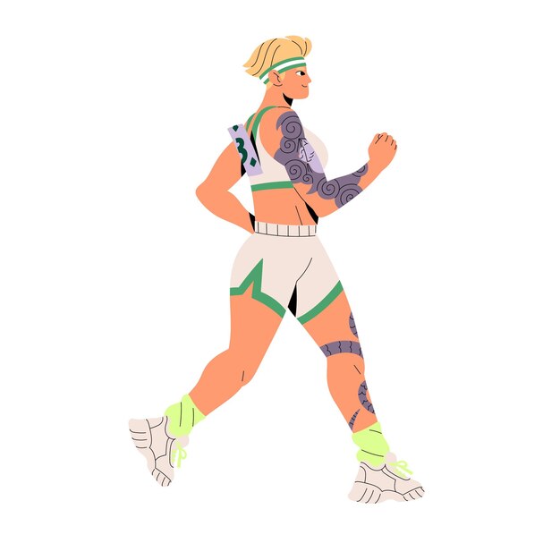 Atleta con entrenamiento de tatuaje para maratón Corredor profesional que corre hace deporte Corredor con ropa deportiva que corre en competencia Mujer deportiva que hace entrenamiento cardiovascular Ilustración de vector aislado plano