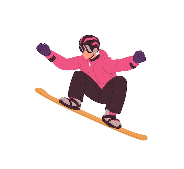 Atleta feliz en ropa exterior practicando snowboard en una estación de esquí Piloto profesional con casco hace trucos saltando con snowboard Deporte extremo de invierno Ilustración de vector aislado plano en blanco