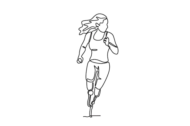 Atleta femenina discapacitada que corre con una pierna protésica