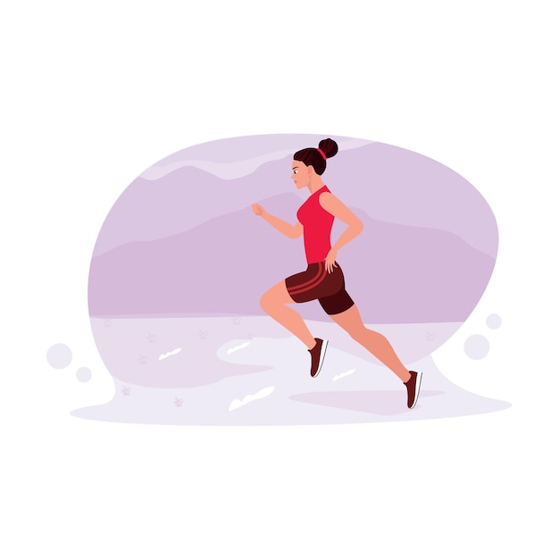 Atleta femenina de sprint corriendo a alta velocidad sobre el desierto Trend Modern vector flat illustration