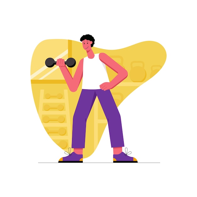 Atleta haciendo actividades deportivas moderno concepto plano. hombre feliz haciendo ejercicios con pesas. entrenamiento de levantador de pesas para principiantes en el gimnasio. ilustración de vector con escena de personas para diseño de banner web