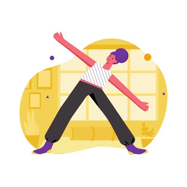 Atleta haciendo actividades deportivas moderno concepto plano. Mujer joven haciendo asanas de yoga y ejerciendo flexibilidad corporal y equilibrio en el gimnasio. Ilustración de vector con escena de personas para diseño de banner web