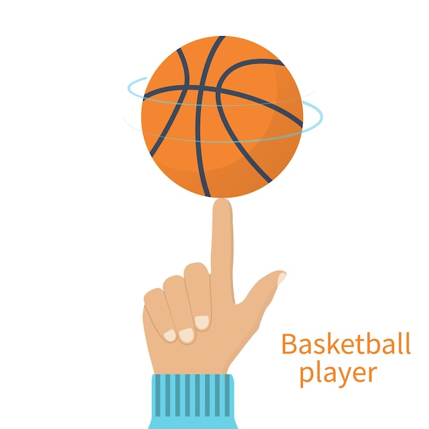 Atleta jugador de baloncesto girando la pelota en su dedo Ilustración vectorial estilo de diseño plano Concepto deportivo Pelota de baloncesto en la mano