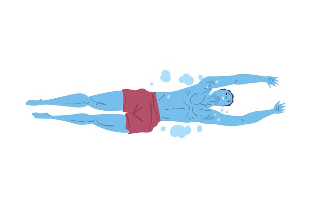 Atleta masculino nadando en la piscina hombre en traje de baño realizando actividades acuáticas nadando dibujos animados deportivos