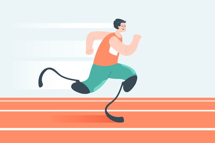 Vector atleta masculino con prótesis participando en competencia de carrera. hombre con prótesis, ilustración de vector plano de discapacidad física. estilo de vida saludable, concepto de discapacidad para banner, diseño de sitios web