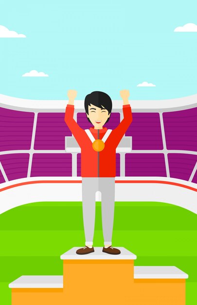 Atleta con medalla y manos levantadas.