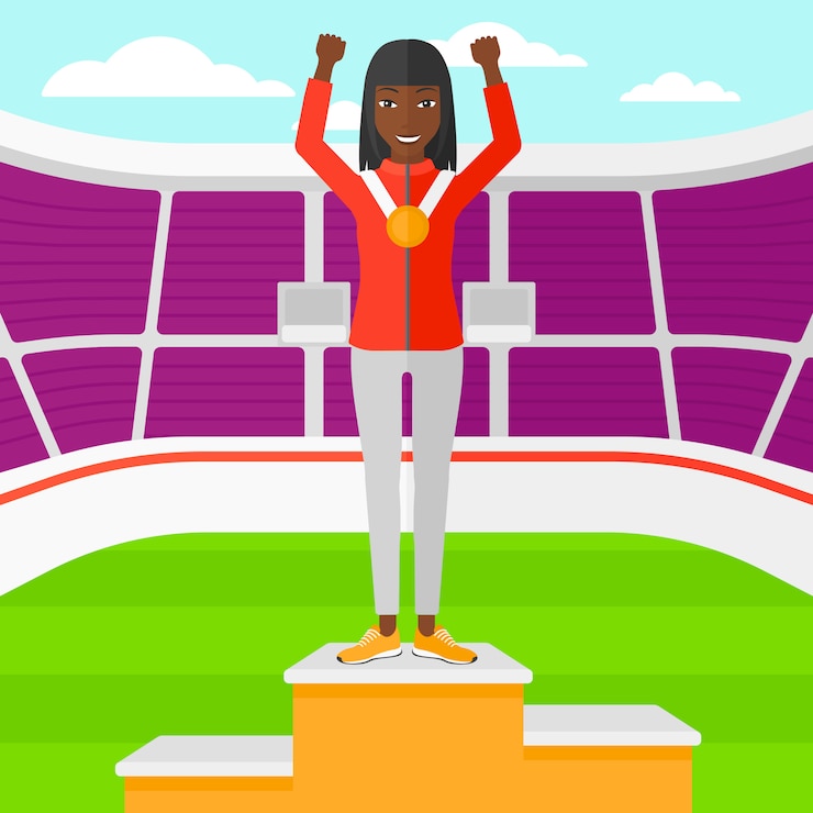 Vector atleta con medalla y manos levantadas.