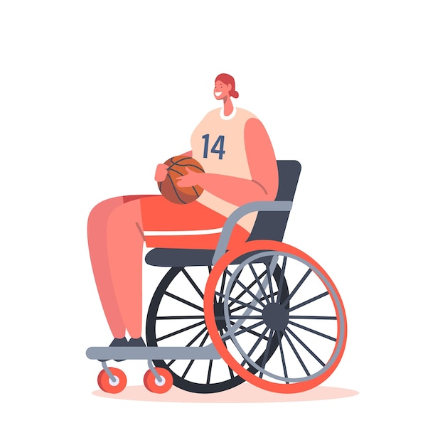 Atleta paralímpica jugador de baloncesto sentado en silla de ruedas con pelota en las manos personaje deportista discapacitado usar uniforme chica amputada joven en competición deportiva personas de dibujos animados ilustración vectorial