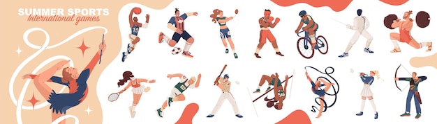 Un atleta participa en competiciones de tiro con arco El arquero tira de la cuerda del arco con una flecha Deportes de verano Ilustración vectorial en estilo de dibujos animados plano aislado sobre un fondo transparente