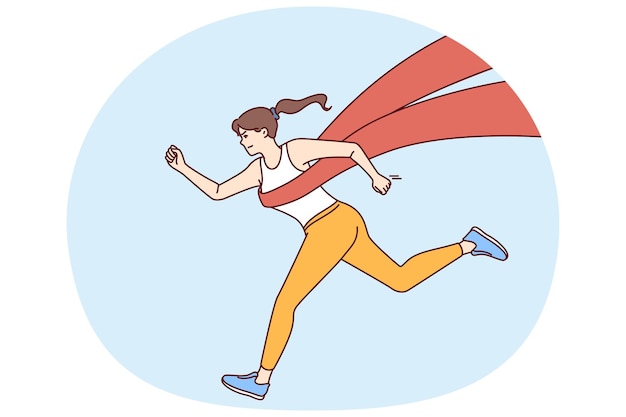La atleta que corre con cinta de acabado simboliza la victoria en maratón o competencia deportiva masiva