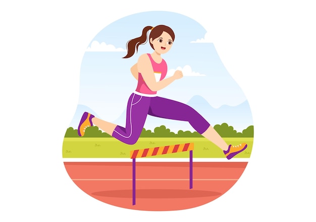 Atleta Run Hurdle Long Jump Sportsman Game Ilustración en Obstacle Running para Web Banner