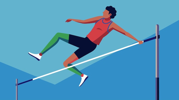 Un atleta de salto medio mientras despeja la barra virtual de salto alto en la ilustración vectorial de la bóveda de poste vr