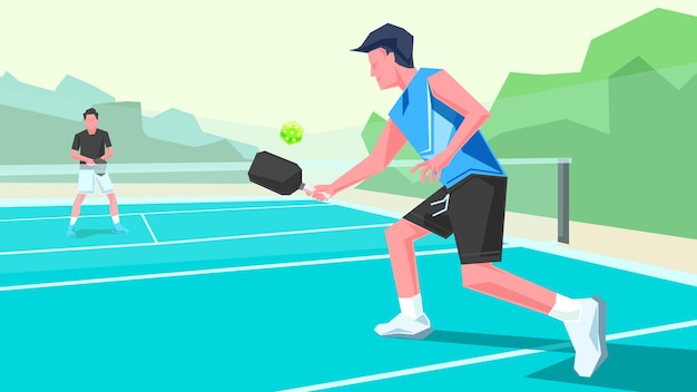 Atletas jugando pickleball usando una paleta de raqueta golpeando la pelota jugando en la cancha