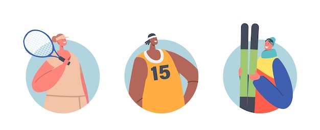 Atletas personajes masculinos y femeninos iconos redondos aislados o avatares tenis o jugador de baloncesto esquiador retratos personas usan uniforme sobre fondo blanco dibujos animados vector ilustración