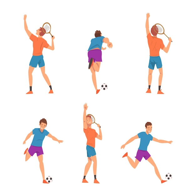 Atletas profesionales juegan al fútbol y al tenis. Jugadores de fútbol y tenis. Ilustración vectorial de dibujos animados.