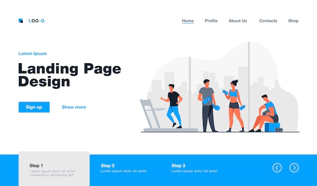 Atletas que hacen ejercicio físico en el gimnasio con página de inicio de ventanas panorámicas en estilo plano