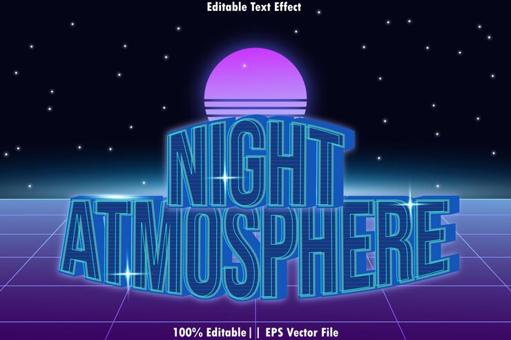 Vector atmósfera nocturna efecto de texto editable 3d estilo retro de los 80