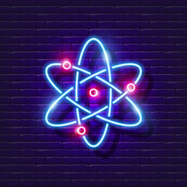 Vector Átomo con letrero de neón estructura atómica icono de luz ilustración vectorial para el diseño concepto de física