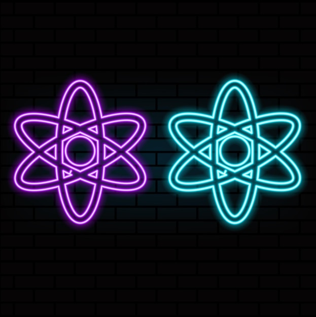 Átomo con signo de neón Estructura atómica Icono de luz Ilustración vectorial para el diseño Concepto físico