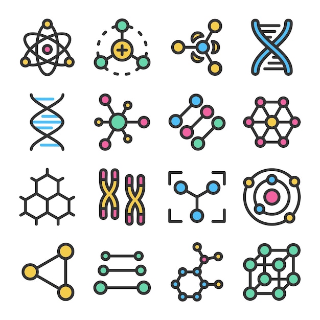 Átomos moléculas adn cromosomas colorido vector conjunto de iconos con contorno