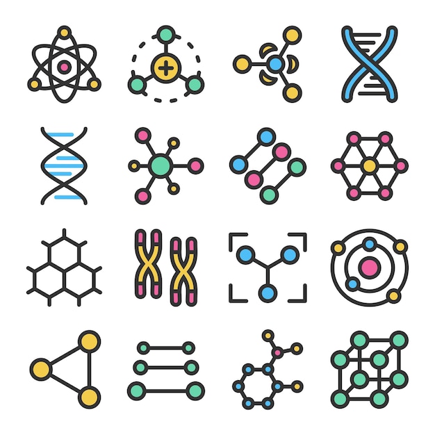 Átomos moléculas adn cromosomas colorido vector conjunto de iconos con contorno