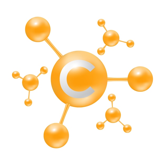 Átomos de vitamina C moléculas de icono 3D brillante naranja aislado sobre un fondo blanco