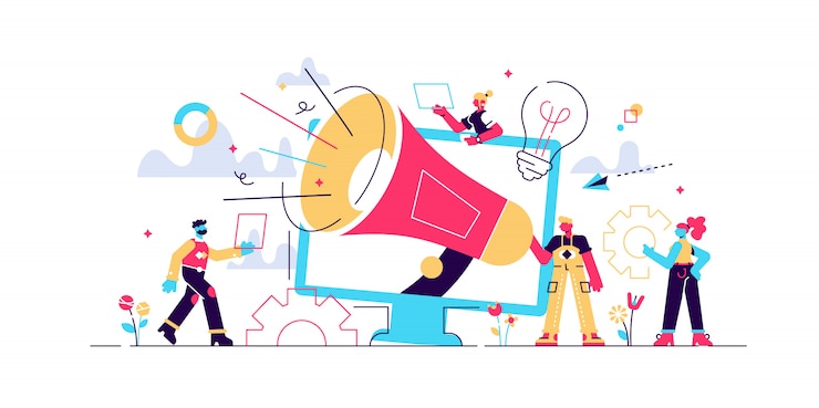 Vector atracción al cliente, promoción de redes sociales. equipo de marketing digital, métricas del equipo de marketing, líder del equipo de marketing, concepto de responsabilidades del equipo de marketing. ilustración creativa concepto aislado