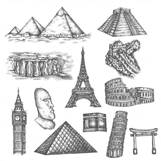 Atracciones del mundo en estilo boceto.