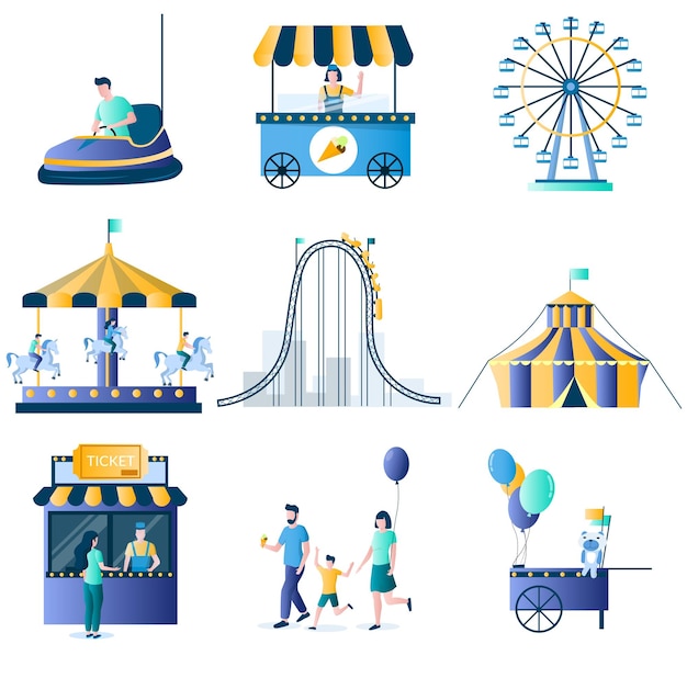 Atracciones del parque de atracciones vector conjunto de iconos planos