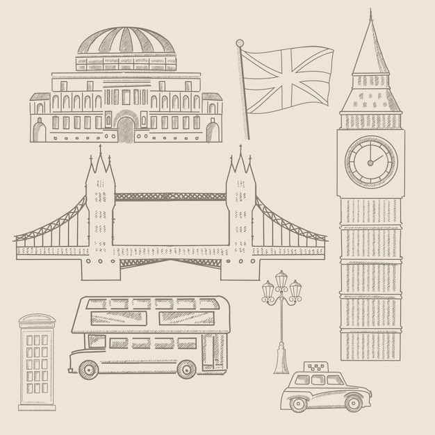 Las atracciones turísticas de la capital británica, Londres, en un estilo retro grabado