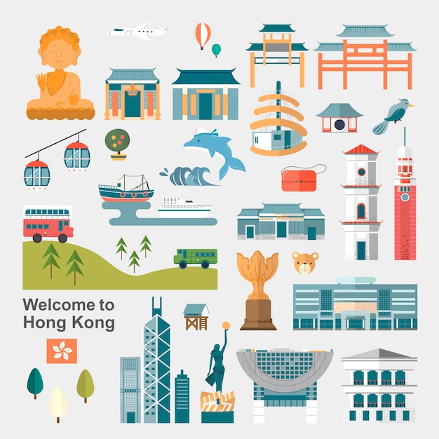 Atractiva colección de concepto de viajes de Hong Kong en diseño plano