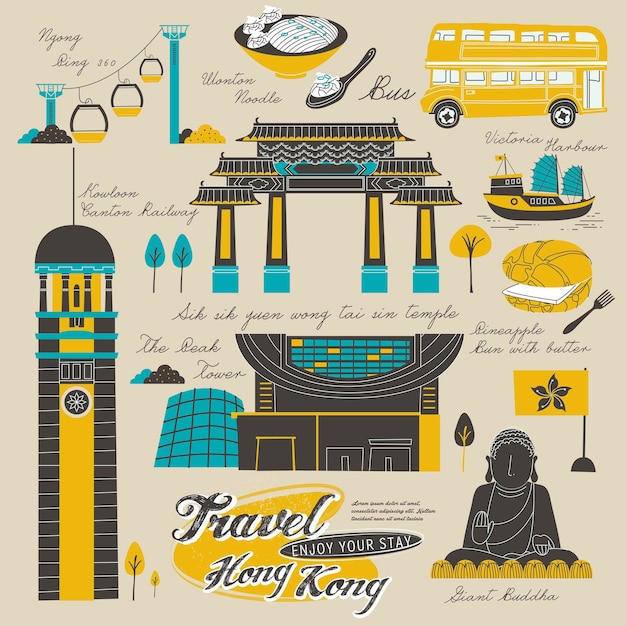 Atractiva colección de elementos de viaje de Hong Kong en estilo plano