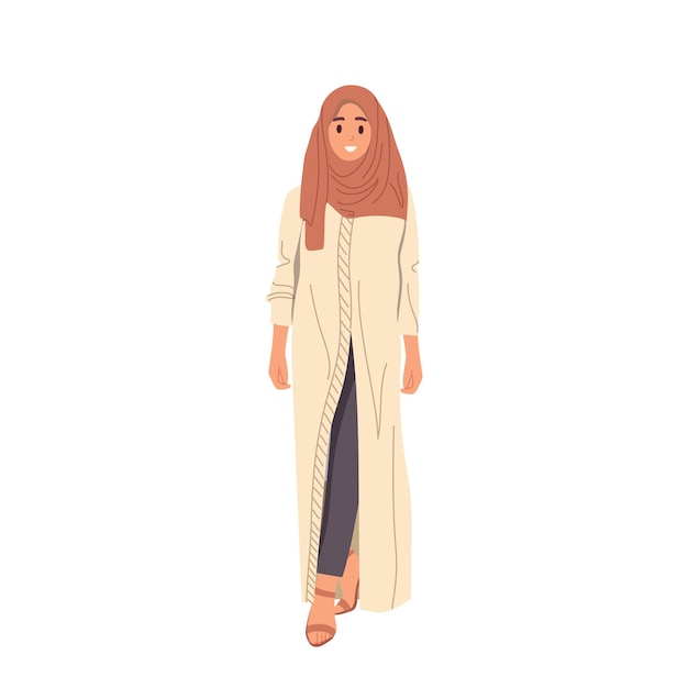 Atractiva y elegante mujer árabe personaje de dibujos animados con pañuelo tradicional y tónico de moda