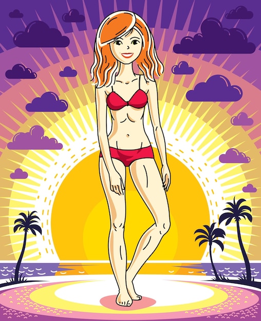Atractiva joven pelirroja posando en el fondo del paisaje al atardecer con palmeras y vistiendo bikini rojo. Ilustración vectorial de dama agradable. Imágenes prediseñadas de tema de por vida.