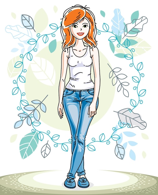 Vector atractiva joven pelirroja posando en el fondo del paisaje primaveral y vistiendo ropa casual diferente. ilustración vectorial de dama agradable. imágenes prediseñadas de tema de primavera.