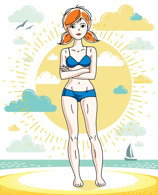 Atractiva joven pelirroja posando en una playa tropical y vistiendo bikini azul. ilustración vectorial de dama agradable. imágenes prediseñadas de tema de verano.