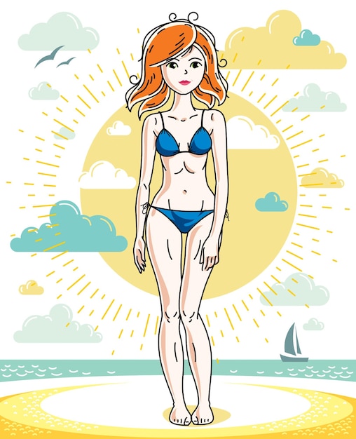 Atractiva joven pelirroja posando en una playa tropical y vistiendo bikini azul. Ilustración vectorial de dama agradable. Imágenes prediseñadas de tema de verano.