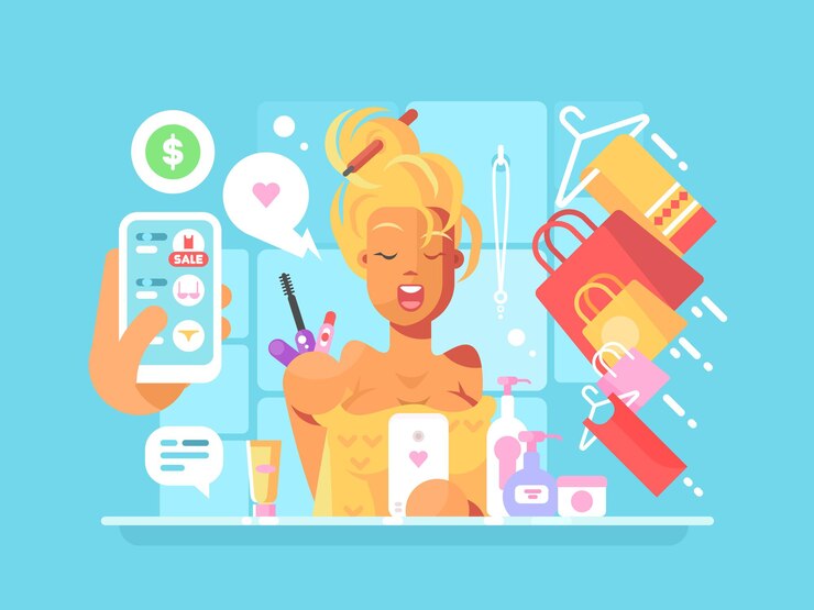 Vector atractiva mujer joven haciendo compras de pie ante un espejo con una toalla