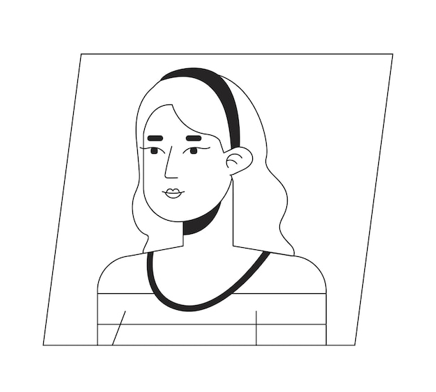 Atractiva mujer morena caucásica en el borde del cabello icono de avatar de dibujos animados en blanco y negro Personaje 2D editable Retrato de usuario Ilustración plana lineal Perfil de cara vectorial Contorno cabeza y hombros de la persona