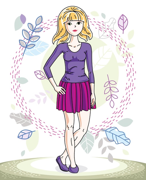 Atractiva mujer rubia joven de pie en el fondo del paisaje primaveral y vistiendo ropa casual con estilo. ilustración humana vectorial.