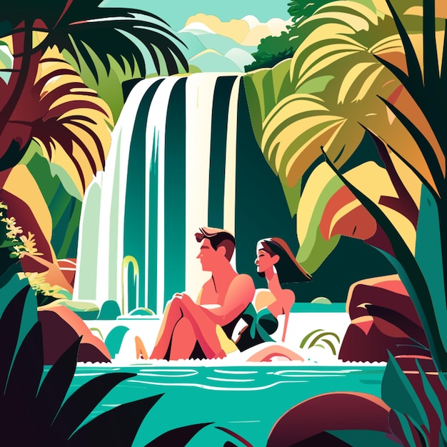 Vector atractiva pareja joven divirtiéndose relajándose en la hermosa cascada ilustración vectorial
