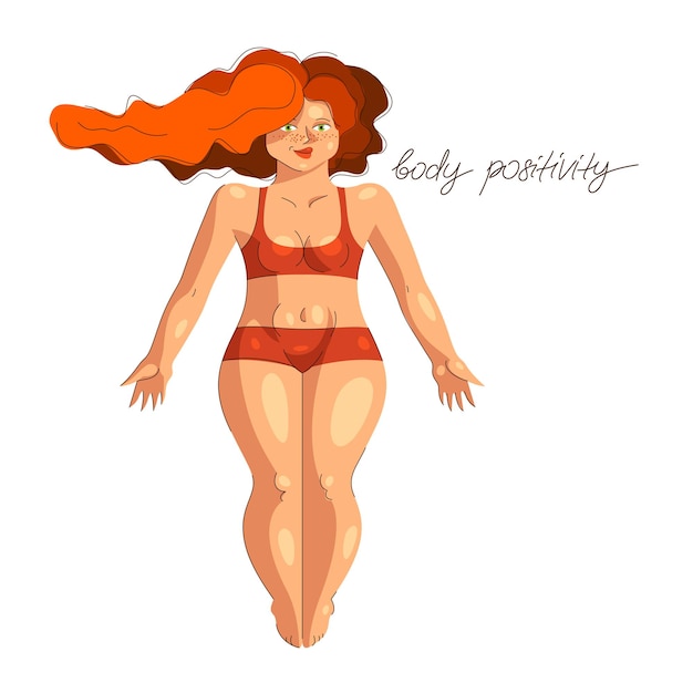 Atractiva y sexy mujer de talla grande aislada en blanco, concepto de ilustración vectorial de positividad corporal, salud y felicidad, ama y acepta la idea de tu cuerpo.