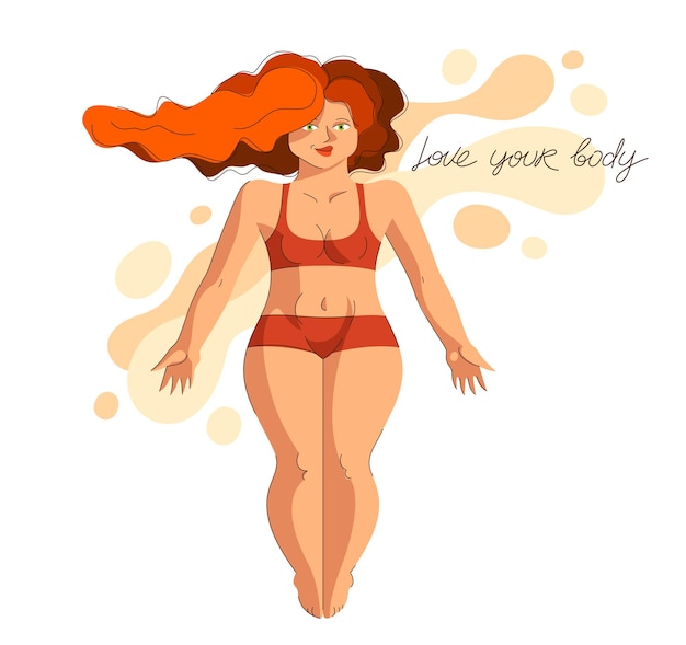 Atractiva y sexy mujer de talla plus aislada en blanco ilustración vectorial concepto de cuerpo positividad salud y felicidad amor y aceptar su idea de cuerpo