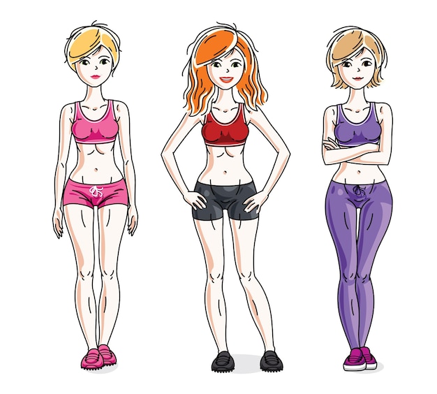 Atractivas mujeres jóvenes posando con ropa deportiva elegante, deportistas y deportistas. Conjunto de caracteres vectoriales. Personajes femeninos temáticos de estilo de vida.