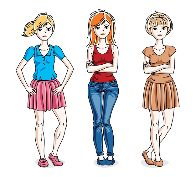 Atractivas mujeres jóvenes posando con ropa informal. Conjunto de ilustraciones de personas de diversidad vectorial.