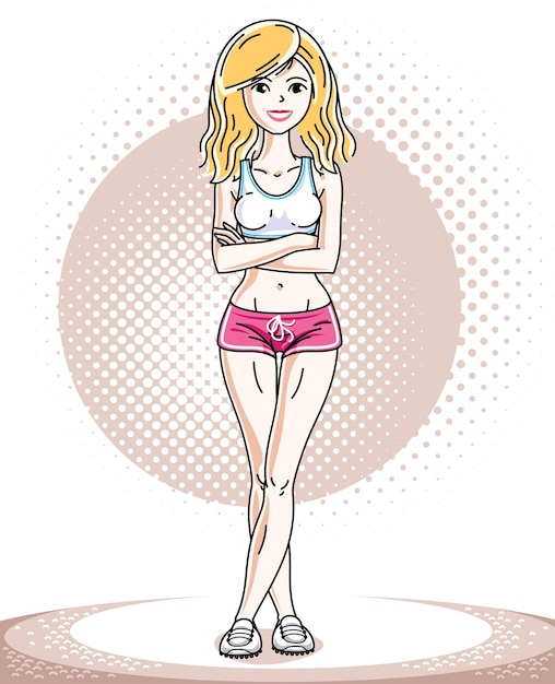 Atractivo adulto joven rubia deportista de pie. Ilustración de vector de dama con pantalones cortos de color rosa. Estilo deportivo.