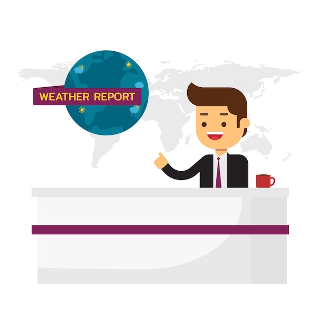 Atractivo joven reportero de noticias de televisión que muestra el pronóstico del tiempo